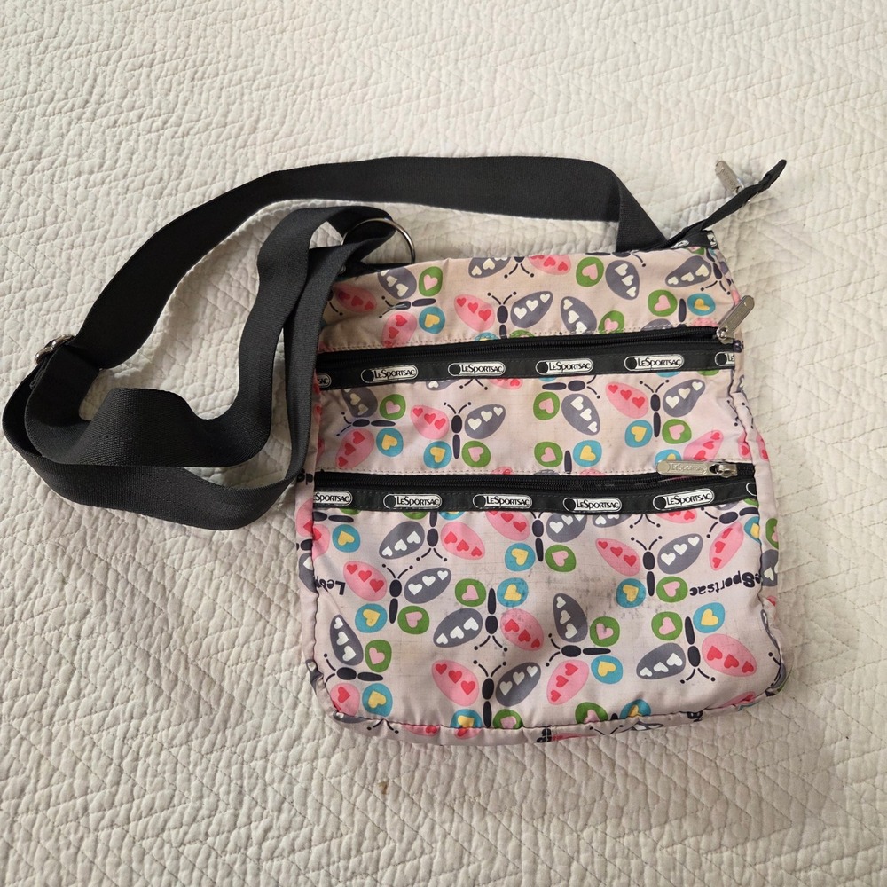 LeSportsac Kasey Crossbody Bag Butterfly Heart Print Pink Nylon Small Messenger